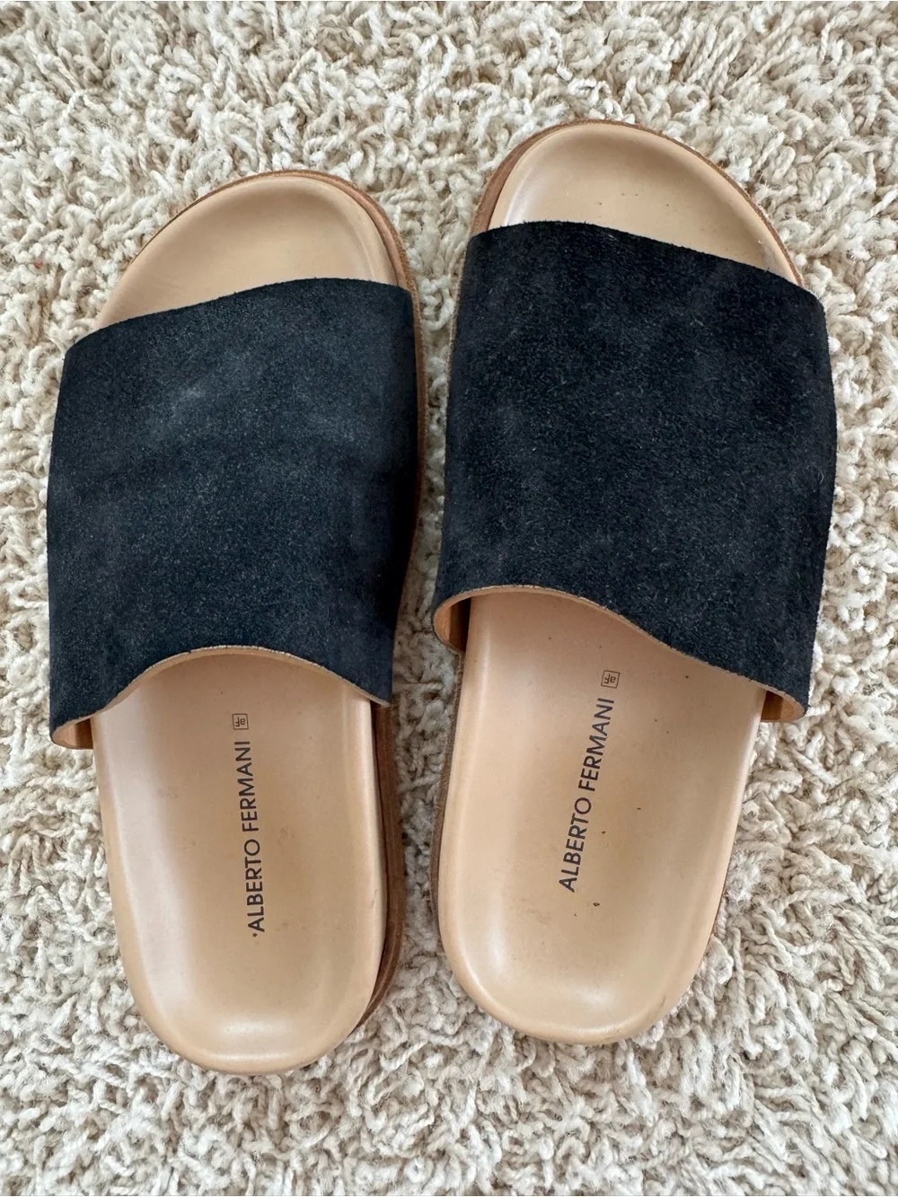 Alberto Fermani Black Suede Slide Sandals with Tan Footbed